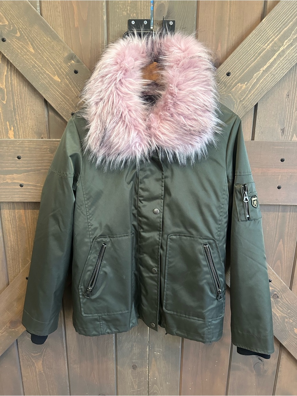 Guess Olive Green Bomber Jacket with Pink Faux Fur Collar